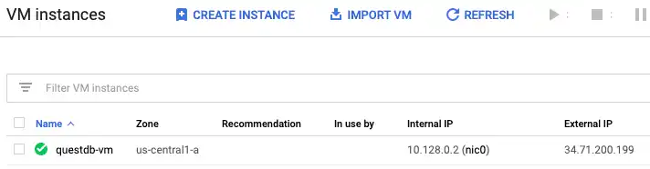 The Google Cloud console UI showing QuestDB running on a Compute Engine instance